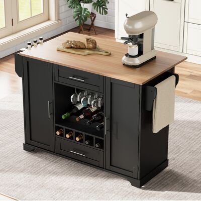 COVREO Carrello Da Cucina 138x45/70x92 Cm Nero E Naturale In Mdf Con Piano Ribaltabile E Portabottiglie COVREO Carrello Da Cucina 138x45/70x92 Cm Nero E Naturale In Mdf Con Piano Ribaltabile E Portabottiglie