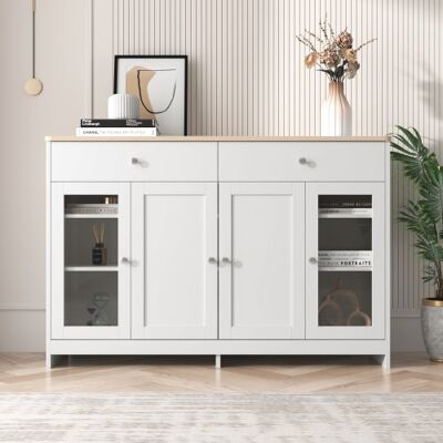 YULINLAND Buffet Venato Bianco, 4 Porte, 2 Cassetti, Porta In Vetro, Legno E Bianco – Soggiorno E Sala Da Pranzo YULINLAND Buffet Venato Bianco, 4 Porte, 2 Cassetti, Porta In Vetro, Legno E Bianco – Soggiorno E Sala Da Pranzo