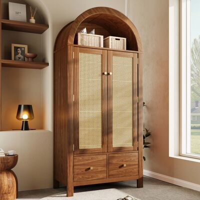 WISHDOR Armadio 78 X 45 X 181 Cm, Con 2 Ante In Rattan, 2 Cassetti, Armadio Appendiabiti, Decoro Noce WISHDOR Armadio 78 X 45 X 181 Cm, Con 2 Ante In Rattan, 2 Cassetti, Armadio Appendiabiti, Decoro Noce