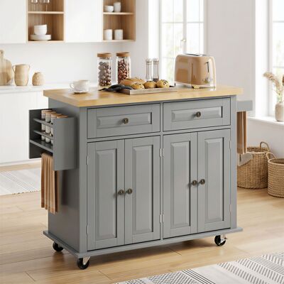 PZCC Carrello Da Cucina Con Isola E Molteplici Opzioni Di Contenimento: 2 Cassetti, 2 Armadietti, 2 Ante Con Portabottiglie, Portasciugamani E Ripiano Regolabile, In Mdf Di Legno Di Caucciù Grigio. PZCC Carrello Da Cucina Con Isola E Molteplici Opzioni Di Contenimento: 2 Cassetti, 2 Armadietti, 2 Ante Con Portabottiglie, Portasciugamani E Ripiano Regolabile, In Mdf Di Legno Di Caucciù Grigio.
