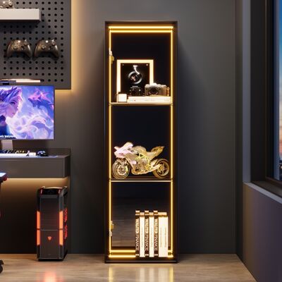NMONET Vetrina In Vetro Mobile Contenitore Con Luci Led E Specchio Interno, 3 Ripiani, Stile Moderno, 30x30x900 Cm, Nero NMONET Vetrina In Vetro Mobile Contenitore Con Luci Led E Specchio Interno, 3 Ripiani, Stile Moderno, 30x30x900 Cm, Nero