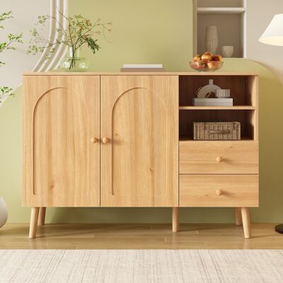 SOLKVUNZA Credenza Madia Da Soggiorno 118x35x82 Cm Con 2 Ante Ad Arco E 2 Cassetti - Mobile Salotto Moderno Con Vani A Giorno E Piedini In Legno Mdf - Naturale SOLKVUNZA Credenza Madia Da Soggiorno 118x35x82 Cm Con 2 Ante Ad Arco E 2 Cassetti - Mobile Salotto Moderno Con Vani A Giorno E Piedini In Legno Mdf - Naturale