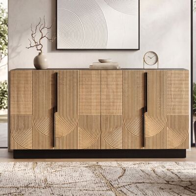 MODFU Vetrina 160x42x76 Cm Con 4 Ante E Dettagli In Rilievo, Contenitore Per Soggiorno O Sala Da Pranzo, Mdf Nero E Naturale MODFU Vetrina 160x42x76 Cm Con 4 Ante E Dettagli In Rilievo, Contenitore Per Soggiorno O Sala Da Pranzo, Mdf Nero E Naturale