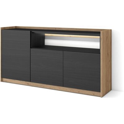 SKRAUT HOME - Credenza, Mobile, Cucina, Madia, Mobile Ingresso, 156x37x80cm, 3 Porte, Led, Stile Moderno, Nero E Rovere SKRAUT HOME - Credenza, Mobile, Cucina, Madia, Mobile Ingresso, 156x37x80cm, 3 Porte, Led, Stile Moderno, Nero E Rovere