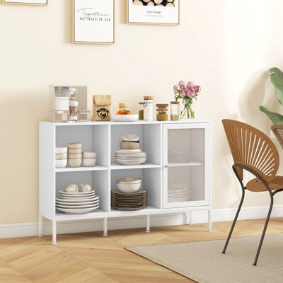 PZCC Mobile Buffet Con 4 Ripiani Aperti Regolabili E Armadietto Con Anta A Rete, Mobile Contenitore In Truciolato E Acciaio, 120x37x81.5 Cm, Bianco PZCC Mobile Buffet Con 4 Ripiani Aperti Regolabili E Armadietto Con Anta A Rete, Mobile Contenitore In Truciolato E Acciaio, 120x37x81.5 Cm, Bianco