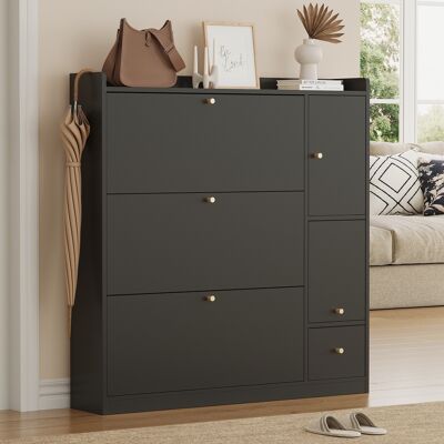 SOLKVUNZA Scarpiera Design Nera - 3 Ante A Ribalta E 3 Cassetti - Organizzatore Da Ingresso Con Panca Ribaltabile - Stile Moderno - 119x24x122 Cm SOLKVUNZA Scarpiera Design Nera - 3 Ante A Ribalta E 3 Cassetti - Organizzatore Da Ingresso Con Panca Ribaltabile - Stile Moderno - 119x24x122 Cm