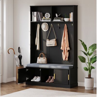 COVREO Appendiabiti Con Panca E Scarpiera 120x40x191 Cm Nero In Pannello Truciolare Con 6 Ganci E Design Salvaspazio COVREO Appendiabiti Con Panca E Scarpiera 120x40x191 Cm Nero In Pannello Truciolare Con 6 Ganci E Design Salvaspazio