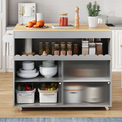 COVREO Carrello Isola Da Cucina 122x46(69)x91 Cm Grigio In Mdf Con Piano Pieghevole, Ante Scorrevoli In Vetro E Ruote COVREO Carrello Isola Da Cucina 122x46(69)x91 Cm Grigio In Mdf Con Piano Pieghevole, Ante Scorrevoli In Vetro E Ruote