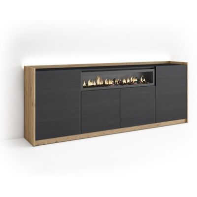 SKRAUT HOME - Credenza, Mobile, Cucina, Madia, Mobile Ingresso, 207x37x80cm, 4 Porte, Camino Elettrico, Led, Stile Moderno, Nero E Rovere SKRAUT HOME - Credenza, Mobile, Cucina, Madia, Mobile Ingresso, 207x37x80cm, 4 Porte, Camino Elettrico, Led, Stile Moderno, Nero E Rovere