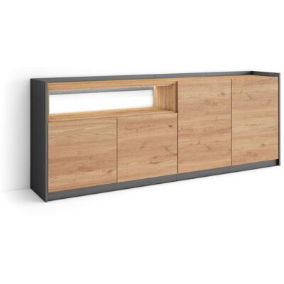 SKRAUT HOME - Credenza, Mobile, Cucina, Madia, Mobile Ingresso, 207x37x80cm, 4 Porte, Led, Stile Moderno, Rovere E Nero SKRAUT HOME - Credenza, Mobile, Cucina, Madia, Mobile Ingresso, 207x37x80cm, 4 Porte, Led, Stile Moderno, Rovere E Nero