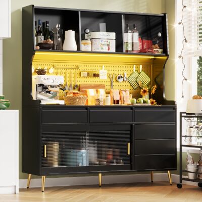 OKWISH Buffet Alto Con Led E Ante Scorrevoli, Nero, 145x39x171 Cm OKWISH Buffet Alto Con Led E Ante Scorrevoli, Nero, 145x39x171 Cm