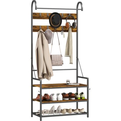 TORMATOR Appendiabiti Da Ingresso Con Asta, 10 Ganci, Panca E Scarpiera, In Legno E Metallo, 80x40x182 Cm, Marrone E Nero TORMATOR Appendiabiti Da Ingresso Con Asta, 10 Ganci, Panca E Scarpiera, In Legno E Metallo, 80x40x182 Cm, Marrone E Nero