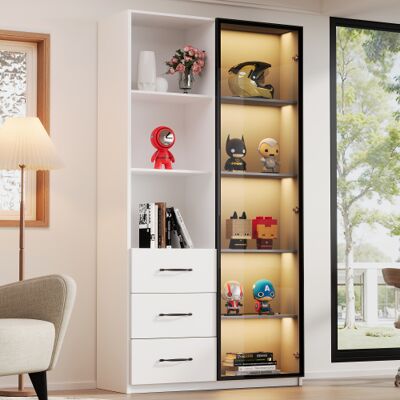 OKWISH Vetrina Con Led, Porta In Vetro Temperato, 3 Cassetti E 3 Vani Aperti, Bianco, 80x40x160 Cm OKWISH Vetrina Con Led, Porta In Vetro Temperato, 3 Cassetti E 3 Vani Aperti, Bianco, 80x40x160 Cm