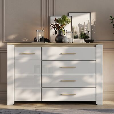 DMORA Credenza Bicheno, Madia 2 Ripiani, 4 Cassetti, Un'anta, 135x40x88h Cm Bianco Opaco DMORA Credenza Bicheno, Madia 2 Ripiani, 4 Cassetti, Un'anta, 135x40x88h Cm Bianco Opaco