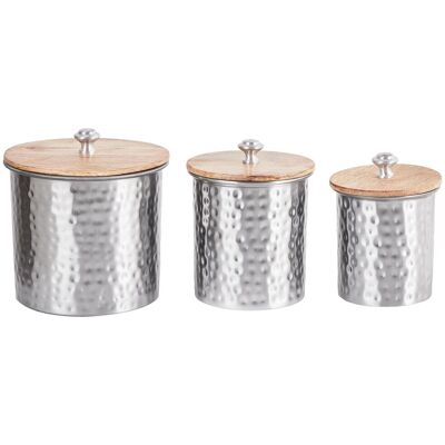 Set di 3 contenitori decorativi in alluminio argentato con coperchi in legno - Conservazione Set di 3 contenitori decorativi in alluminio argentato con coperchi in legno - Conservazione