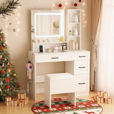 COSTWAY Set Toeletta Trucco Con Luci,prese Di Stazione,piano In Vetro,per Camera Da Letto COSTWAY Set Toeletta Trucco Con Luci,prese Di Stazione,piano In Vetro,per Camera Da Letto