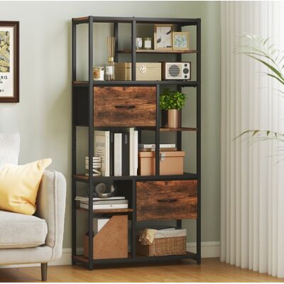 REDOM - Vetrina 72.5x30x150 Cm, 2 Cassetti In Tessuto, 9 Scomparti Aperti, Telaio In Acciaio, Marrone Rustico REDOM - Vetrina 72.5x30x150 Cm, 2 Cassetti In Tessuto, 9 Scomparti Aperti, Telaio In Acciaio, Marrone Rustico