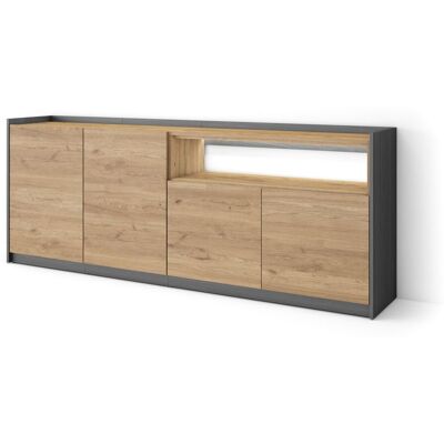 SKRAUT HOME - Credenza, Mobile, Cucina, Madia, Mobile Ingresso, 207x37x80cm, 4 Porte, Led, Stile Moderno, Rovere E Nero SKRAUT HOME - Credenza, Mobile, Cucina, Madia, Mobile Ingresso, 207x37x80cm, 4 Porte, Led, Stile Moderno, Rovere E Nero
