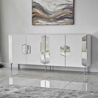 DMORA Credenza Trigolo, Madia 4 Ripiani, 4 Ante, 8 Vani, 180x40x80h Cm Bianco DMORA Credenza Trigolo, Madia 4 Ripiani, 4 Ante, 8 Vani, 180x40x80h Cm Bianco