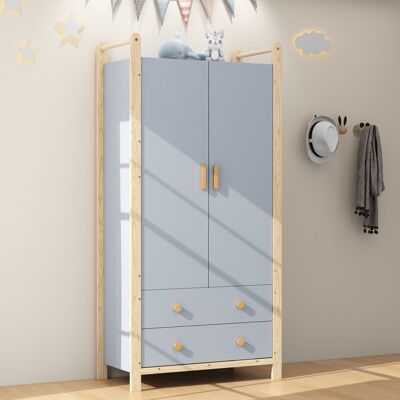 KELLANY Armadio A 2 Ante, Armadio Con Barra Per Abiti, 2 Cassetti, Adatto Per Camere Da Letto, Soggiorni, Guardaroba D'Ingresso, Realizzato In Truciolato, Corpo Blu + Telaio In Pino, 90×45×180cm KELLANY Armadio A 2 Ante, Armadio Con Barra Per Abiti, 2 Cassetti, Adatto Per Camere Da Letto, Soggiorni, Guardaroba D'Ingresso, Realizzato In Truciolato, Corpo Blu + Telaio In Pino, 90×45×180cm