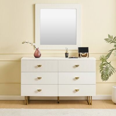 YULINLAND Set Moderno Bianco Buffet + Specchio, Comò 6 Cassetti Dettagli Dorati 80×80cm YULINLAND Set Moderno Bianco Buffet + Specchio, Comò 6 Cassetti Dettagli Dorati 80×80cm