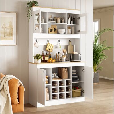 COVREO Buffet Da Cucina 106x39x175 Cm Bianco E Naturale In Pannello Truciolare Con Ante In Vetro, Portabottiglie E Ganci COVREO Buffet Da Cucina 106x39x175 Cm Bianco E Naturale In Pannello Truciolare Con Ante In Vetro, Portabottiglie E Ganci