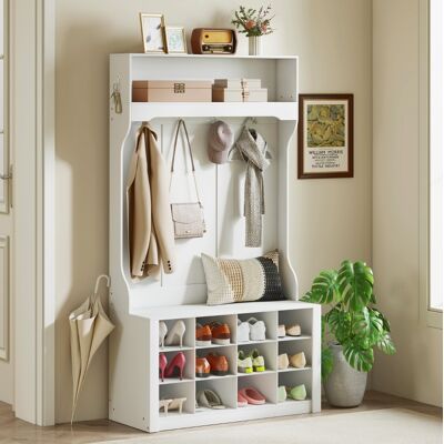 BEAOK Scaffale Guardaroba In Legno Bianco Con Panca, 6 Ganci E 12 Scomparti Per Scarpe, 100 X 35 X 172,2 Cm BEAOK Scaffale Guardaroba In Legno Bianco Con Panca, 6 Ganci E 12 Scomparti Per Scarpe, 100 X 35 X 172,2 Cm