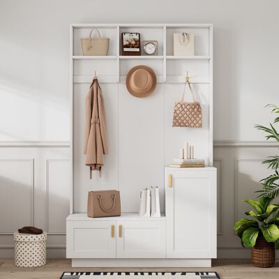 DREAMMESPACE Mobile Da Ingresso 120x40x200 Cm - Con Panca Contenitore E Ripiano Per Scarpe, 3 Ganci - Bianco DREAMMESPACE Mobile Da Ingresso 120x40x200 Cm - Con Panca Contenitore E Ripiano Per Scarpe, 3 Ganci - Bianco