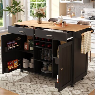WISHDOR Carrello Da Cucina Su Ruote 102x45x92 Cm Con Vano Portaoggetti E Portabottiglie, In Mdf E Metallo, Nero WISHDOR Carrello Da Cucina Su Ruote 102x45x92 Cm Con Vano Portaoggetti E Portabottiglie, In Mdf E Metallo, Nero