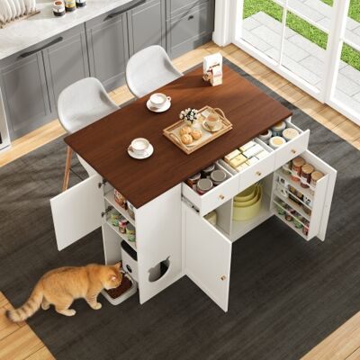 XISRENS Isola Cucina, Carrello Da Cucina E Credenza Con Cassetti – Con Piano Di Lavoro Estraibile, Porta Spezie, Zona Per L'Alimentazione Degli Animali Domestici (senza Ciotola Per Gatti), Colore Bianco + Noc XISRENS Isola Cucina, Carrello Da Cucina E Credenza Con Cassetti – Con Piano Di Lavoro Estraibile, Porta Spezie, Zona Per L'Alimentazione Degli Animali Domestici (senza Ciotola Per Gatti), Colore Bianco + Noc