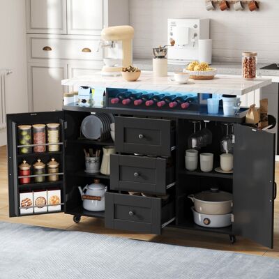 DREAMMESPACE Isola Centrale Da Cucina Mobile 138x60x93 Cm - Carrello Con Piano Ribaltabile E Led Rgb - Portabottiglie E 3 Cassetti - Mdf Nero Effetto Marmo DREAMMESPACE Isola Centrale Da Cucina Mobile 138x60x93 Cm - Carrello Con Piano Ribaltabile E Led Rgb - Portabottiglie E 3 Cassetti - Mdf Nero Effetto Marmo