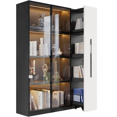STILVORA Vetrina Libreria Con Anta In Vetro E Led, Ripiano Laterale Estraibile Con Ruote, Mdf, Nero E Bianco, 110,5×35×160 Cm STILVORA Vetrina Libreria Con Anta In Vetro E Led, Ripiano Laterale Estraibile Con Ruote, Mdf, Nero E Bianco, 110,5×35×160 Cm