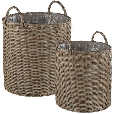 BELIANI Set Di 2 Cestini Per Piante Rotondi In Rattan Beige Sabbia Con Manici Bitola BELIANI Set Di 2 Cestini Per Piante Rotondi In Rattan Beige Sabbia Con Manici Bitola
