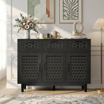 EIFSON Credenza Bassa Mobile Buffet 115x40x80 Cm Con 3 Cassetti E 2 Ante In Bambù Intrecciato, Mobile Contenitore Per Cucina E Sala Da Pranzo, Piedini Cilindrici - Nero EIFSON Credenza Bassa Mobile Buffet 115x40x80 Cm Con 3 Cassetti E 2 Ante In Bambù Intrecciato, Mobile Contenitore Per Cucina E Sala Da Pranzo, Piedini Cilindrici - Nero
