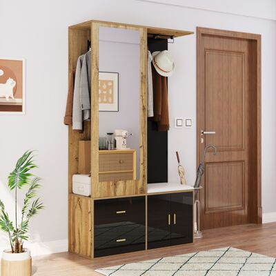 MODENVIE Mobile Da Ingresso Con Specchio, Panca E Scarpiera, 1 Cassetto, 2 Ganci E Barra Estraibile, 100 X 38 X 180 Cm MODENVIE Mobile Da Ingresso Con Specchio, Panca E Scarpiera, 1 Cassetto, 2 Ganci E Barra Estraibile, 100 X 38 X 180 Cm