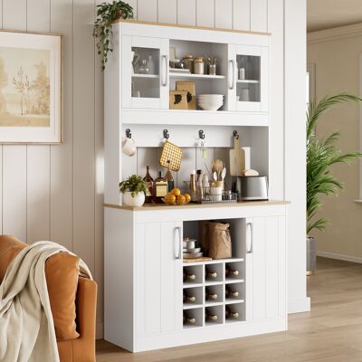 OKWISH Credenze E Buffet Da Cucina Con Ante In Vetro, Porta Bottiglie E Ganci, In Naturale E Bianco, 106x39x175 Cm OKWISH Credenze E Buffet Da Cucina Con Ante In Vetro, Porta Bottiglie E Ganci, In Naturale E Bianco, 106x39x175 Cm