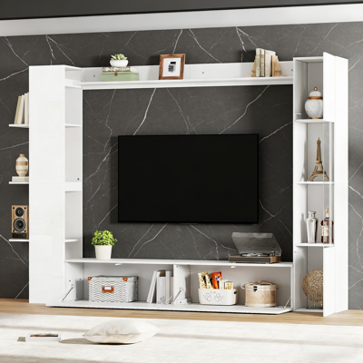 HAUSS SPOLE Mobile Tv A Parete Composto Da 4 Pezzi Con Vetrina E Ripiano, Supporto Tv E Set Contenitore, Credenza Sospesa Per Soggiorno/camera Da Letto, Bianco HAUSS SPOLE Mobile Tv A Parete Composto Da 4 Pezzi Con Vetrina E Ripiano, Supporto Tv E Set Contenitore, Credenza Sospesa Per Soggiorno/camera Da Letto, Bianco
