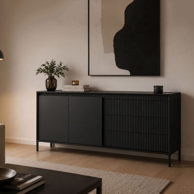 DMORA Credenza Hatone, Madia 3 Cassetti, 2 Ripiani, Apertura Battente, Scorrevole, 187x40x81h Cm Nero DMORA Credenza Hatone, Madia 3 Cassetti, 2 Ripiani, Apertura Battente, Scorrevole, 187x40x81h Cm Nero