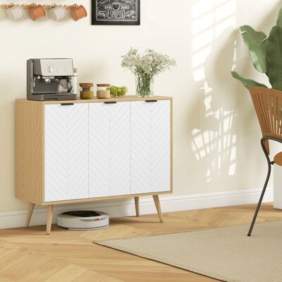 PZCC Mobile Buffet Ausiliario Con Ripiani Regolabili, 3 Ante, Portata 50 Kg, 91,5x35x77,4 Cm, Bianco E Naturale. PZCC Mobile Buffet Ausiliario Con Ripiani Regolabili, 3 Ante, Portata 50 Kg, 91,5x35x77,4 Cm, Bianco E Naturale.