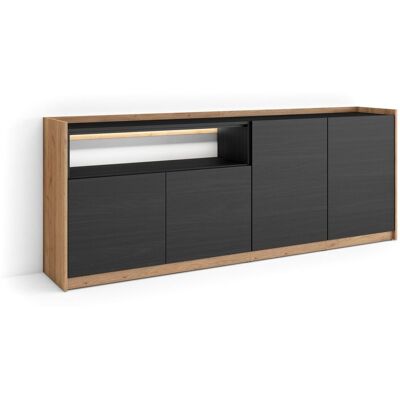 SKRAUT HOME - Credenza, Mobile, Cucina, Madia, Mobile Ingresso, 207x37x80cm, 4 Porte, Led, Stile Moderno, Nero E Rovere SKRAUT HOME - Credenza, Mobile, Cucina, Madia, Mobile Ingresso, 207x37x80cm, 4 Porte, Led, Stile Moderno, Nero E Rovere