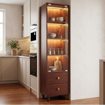 BEAOK Vetrina In Mdf Marrone Con Porta In Vetro, Led Integrata, 4 Ripiani E 2 Cassetti, 40 X 35 X 165 Cm BEAOK Vetrina In Mdf Marrone Con Porta In Vetro, Led Integrata, 4 Ripiani E 2 Cassetti, 40 X 35 X 165 Cm