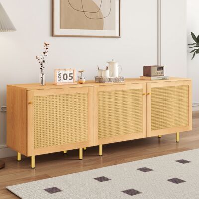 OKWISH Buffet In Rattan 3 Ante, Mobile Contenitore Componibile Con Aspetto Legno Naturale, Gambe In Metallo Dorato, Spazio Ripostiglio, Per Sala Da Pranzo, 180x40x63 Cm OKWISH Buffet In Rattan 3 Ante, Mobile Contenitore Componibile Con Aspetto Legno Naturale, Gambe In Metallo Dorato, Spazio Ripostiglio, Per Sala Da Pranzo, 180x40x63 Cm