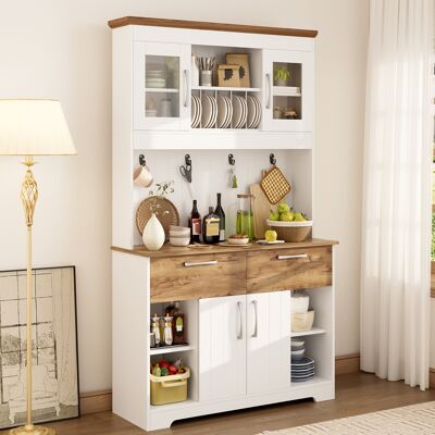 OKWISH Credenze E Buffet Da Cucina Con Vetrine, 2 Cassetti E Ganci, In Naturale E Bianco, 106x39x176.5 Cm OKWISH Credenze E Buffet Da Cucina Con Vetrine, 2 Cassetti E Ganci, In Naturale E Bianco, 106x39x176.5 Cm