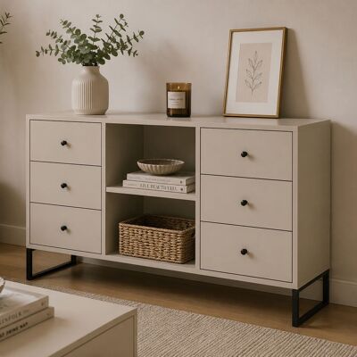 DMORA Credenza Lerata, Madia 6 Cassetti, Un Ripiano, 2 Vani, 112x33x82h Cm Beige Cashmere DMORA Credenza Lerata, Madia 6 Cassetti, Un Ripiano, 2 Vani, 112x33x82h Cm Beige Cashmere