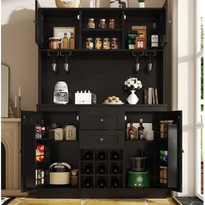 BEAOK Buffet Da Cucina 120x40x188 Cm Nero Con Ripiani Regolabili, Cantinetta Vino, 4 Ante E 2 Cassetti BEAOK Buffet Da Cucina 120x40x188 Cm Nero Con Ripiani Regolabili, Cantinetta Vino, 4 Ante E 2 Cassetti