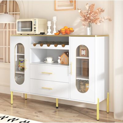 BEAOK Credenza In Mdf Bianco 120x38x90 Cm Con Ante In Vetro, 2 Cassetti, Portabottiglie E Piedino Regolabile BEAOK Credenza In Mdf Bianco 120x38x90 Cm Con Ante In Vetro, 2 Cassetti, Portabottiglie E Piedino Regolabile