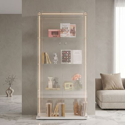 COMANLAI Vetrina In Vetro Con Lampada - Vetrina Moderna Autoportante In Vetro Temperato Trasparente Con 4 Ripiani E 2 Ante - Vetrine Da Collezione - Bianca COMANLAI Vetrina In Vetro Con Lampada - Vetrina Moderna Autoportante In Vetro Temperato Trasparente Con 4 Ripiani E 2 Ante - Vetrine Da Collezione - Bianca