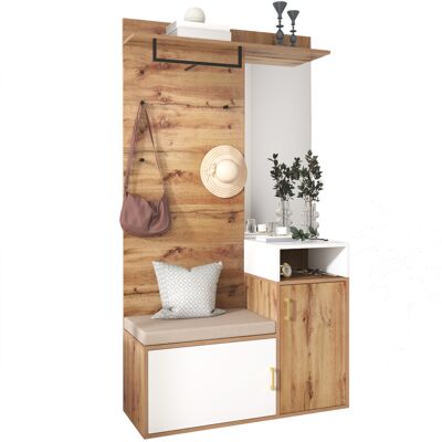 STILVORA Mobile Ingresso Con Specchio, Panca E Scarpiera Con 2 Scomparti, 4 Ganci E Barra, In Mdf, Bianco E Legno, 105×40×190,5 Cm STILVORA Mobile Ingresso Con Specchio, Panca E Scarpiera Con 2 Scomparti, 4 Ganci E Barra, In Mdf, Bianco E Legno, 105×40×190,5 Cm