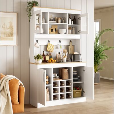 BEAOK Credenza Da Cucina In Pannello Truciolare Bianco E Naturale 106x39x175 Cm Con Ante In Vetro, Portabottiglie E Ganci BEAOK Credenza Da Cucina In Pannello Truciolare Bianco E Naturale 106x39x175 Cm Con Ante In Vetro, Portabottiglie E Ganci