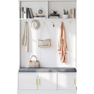 STILVORA Appendiabiti Con Panca Scarpiera E Ripiano, 6 Ganci, Dispositivo Antiribaltamento, Stile Moderno, In Pannello Di Truciolare, Bianco, 120×40×191 Cm STILVORA Appendiabiti Con Panca Scarpiera E Ripiano, 6 Ganci, Dispositivo Antiribaltamento, Stile Moderno, In Pannello Di Truciolare, Bianco, 120×40×191 Cm